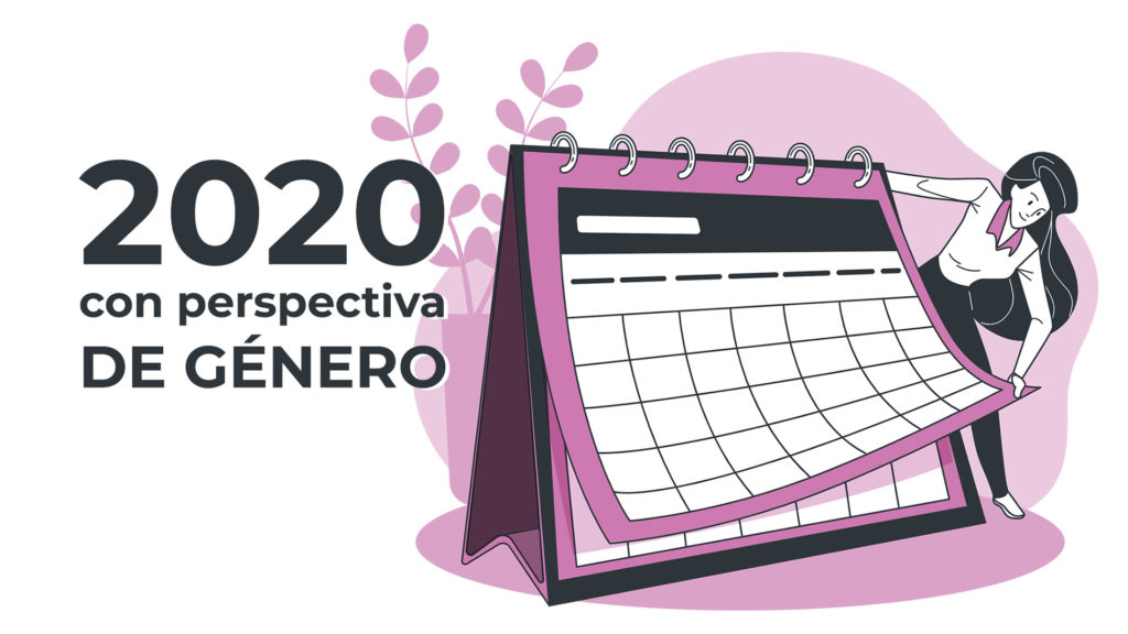 Ilustración de una mujer pasando un calendario con el título 2020 con perspectiva de género.