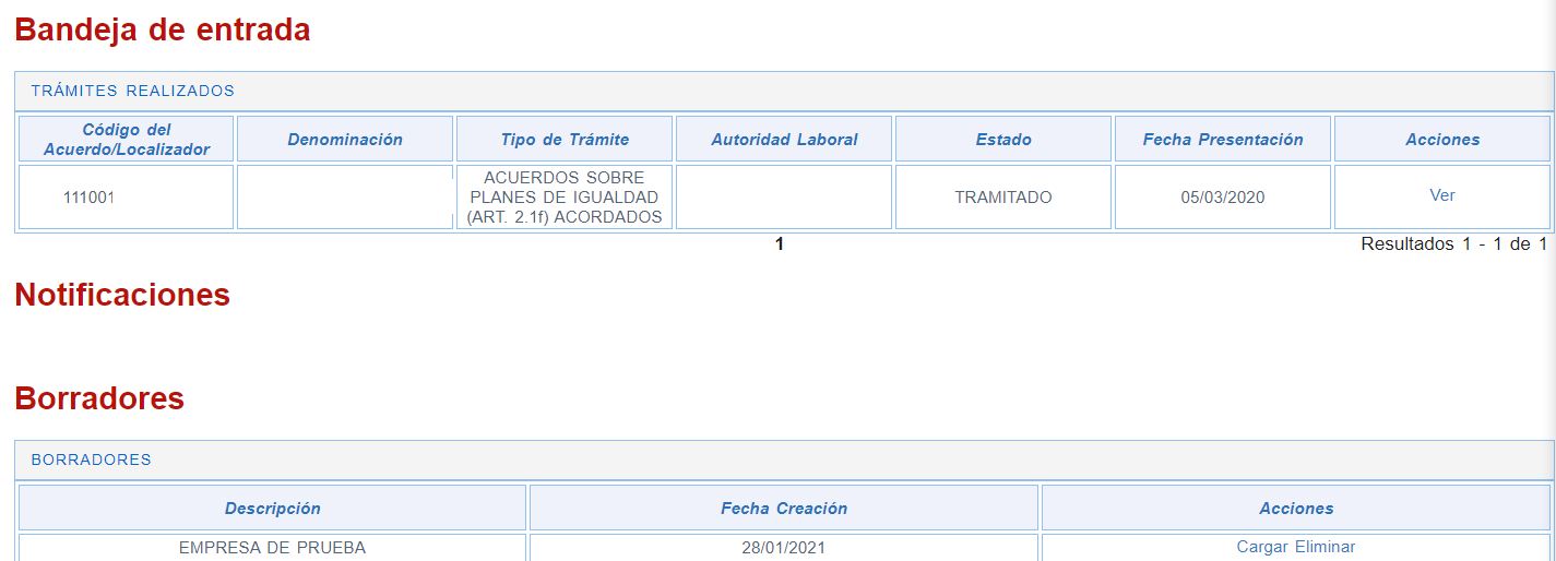 bandeja de entrada Registro en el REGCON del Plan de Igualdad 2